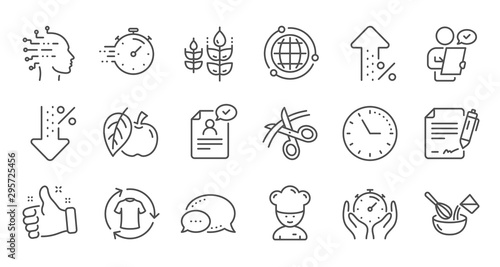 Chef hat, Customer survey, Approved application line icons. Scissors cutting, Artificial intelligence icons. Interest rate, gluten free. Linear set. Quality line set. Vector