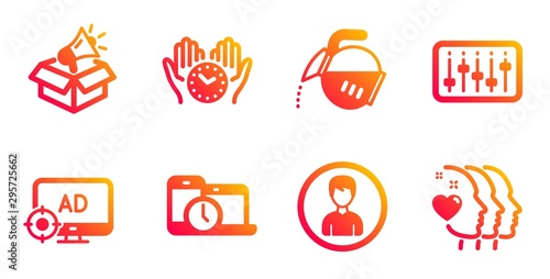 Person, Coffee pot and Dj controller line icons set. Time management, Megaphone box and Seo adblock signs. Safe time, Friends couple symbols. Edit profile, Tea drink. Business set. Vector