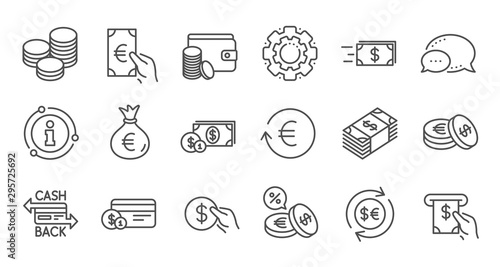 Money and payment line icons. Cash, Wallet and Coins. Account cashback linear icon set. Quality line set. Vector