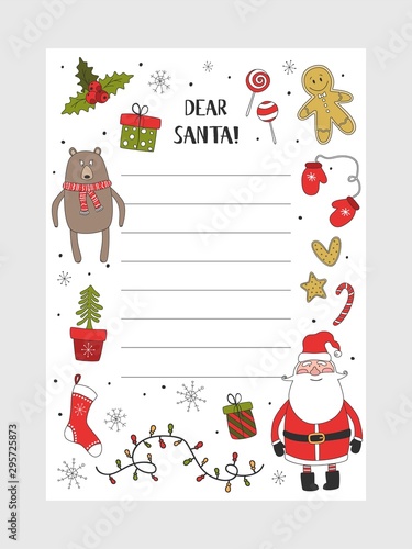 Cartoon Christmas wish christmas items. A letter to Santa Claus template. Christmas background with a place for Christmas gifts for Santa wish list. Vector illustration.