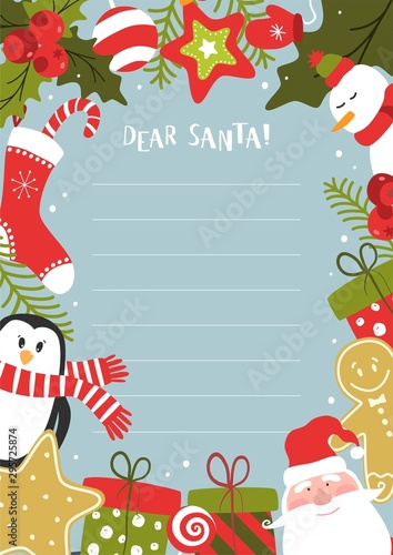 Cartoon Christmas wish christmas items. A letter to Santa Claus template. Christmas background with a place for Christmas gifts for Santa wish list. Vector illustration.