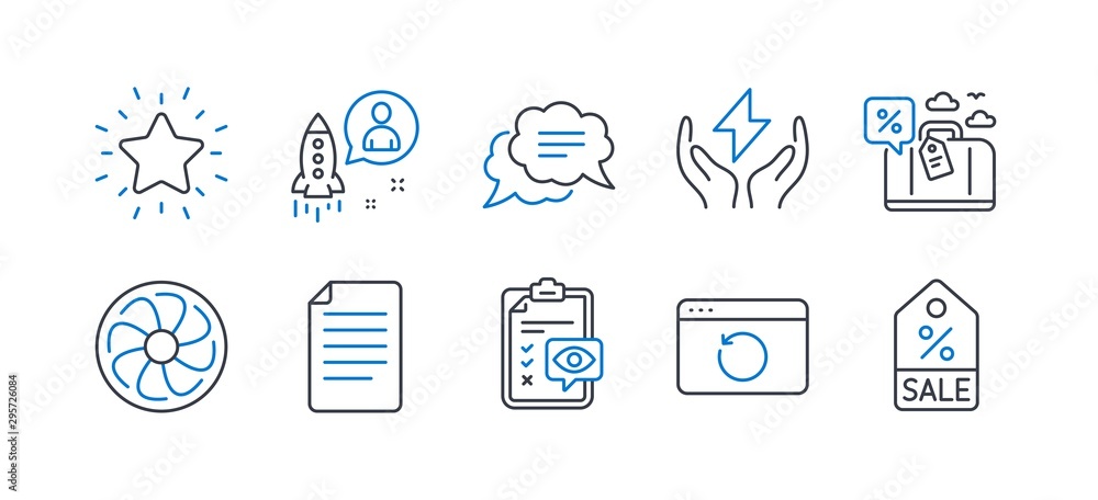 Set of Business icons, such as Travel loan, Recovery internet, Startup, Fan engine, Text message, File, Safe energy, Rank star, Eye checklist, Sale coupon line icons. Line travel loan icon. Vector Set of Business icons, such as Travel loan, Recovery internet, Startup, Fan engine, Text message, File, Safe energy, Rank star, Eye checklist, Sale coupon line icons. Line travel loan icon. Vector
