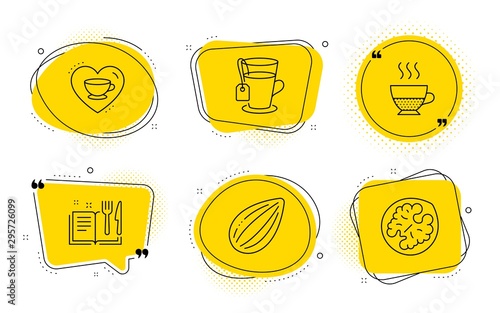 Almond nut, Tea and Walnut signs. Chat bubbles. Doppio, Love coffee and Recipe book line icons set. Coffee drink, Cappuccino mug, Food. Vegetarian food. Food and drink set. Line doppio icon. Vector