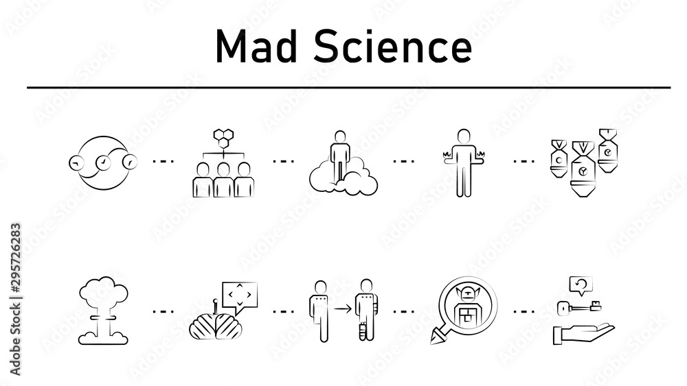 Mad science simple concept icons set. Contains such icons as time paradox, hive, astral, pyrokinesis, atomic bomb Mad science simple concept icons set. Contains such icons as time paradox, hive, astral, pyrokinesis, atomic bomb