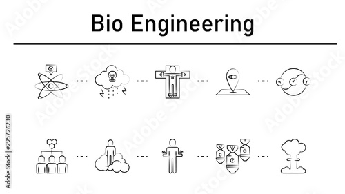 Bio engineering simple concept icons set. Contains such icons as cold fusion, bio weapon, human dissection, eye pin, time paradox