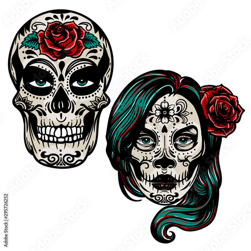 Vector hand drawn colorful illustration of Day Of The Dead Skull.Sugar skull girl. Skull sugar flower. Skull tattoo isolated on white.