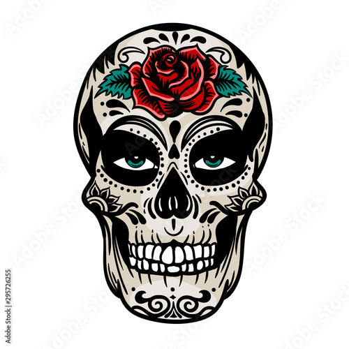 Vector hand drawn colorful illustration of Day Of The Dead Skull. Skull sugar flower. Skull tattoo isolated on white.