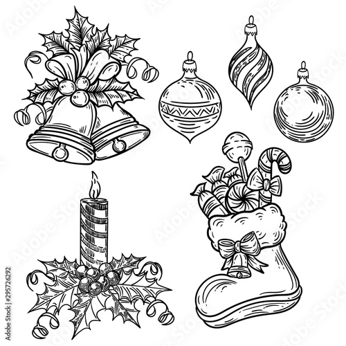 Vector hand drawn black and white set of Christmas bells with viburnum decoration, Christmas stocking full of candies, candle with viburnum and, Christmas decorations ,isolated on white background.