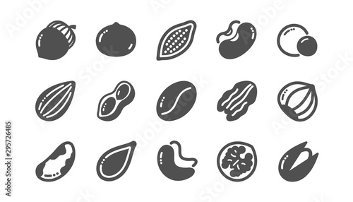 Fototapeta Naklejka Na Ścianę i Meble -  Nuts and seeds icons. Hazelnut, Almond nut and Peanut. Walnut, Brazil nut, Pistachio icons. Cacao and Cashew nuts. Classic set. Quality set. Vector