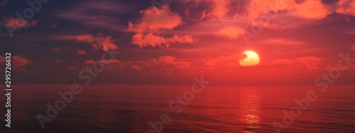 Beautiful sunset over the sea. Panorama of the ocean sunset. 3d rendering. © ustas