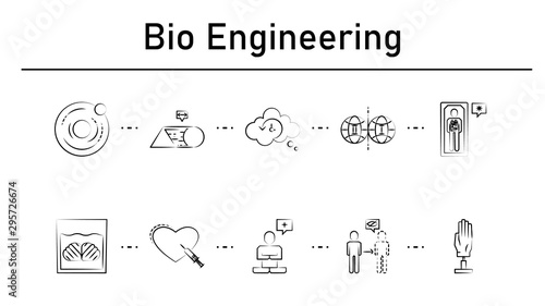 Bio engineering simple concept icons set. Contains such icons as dark matter, transmogrification, precognition, parallel world, cryonics