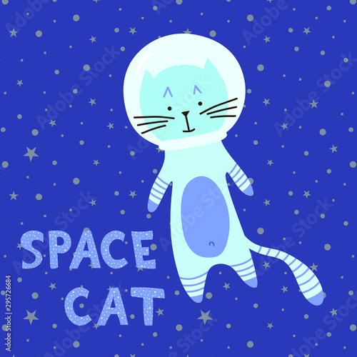 Cute space cat in scandinavian style. Hand drawing vector illustration. Isolated objects on seamless background. Scandinavian style design. Concept for apparel, nursery print, scrap book, cute poster.