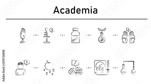 Academia simple concept icons set. Contains such icons as electronic hand , tesla coil, dipple, transgenic, psychic surgery