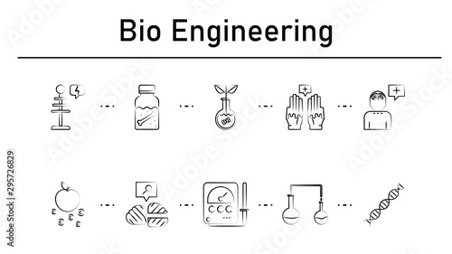 Bio engineering simple concept icons set. Contains such icons as tesla coil, dipple, transgenic, psychic surgery, psychogenesis