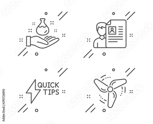 Chemistry lab, Job interview and Quickstart guide line icons set. Wind energy sign. Laboratory, Cv file, Lightning symbol. Ventilator. Business set. Line chemistry lab outline icon. Vector