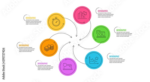 Timer, Friends chat and Savings line icons set. Infographic timeline. Decreasing graph, Ranking stars and Recovery laptop signs. Stopwatch gadget, Love, Finance currency. Column chart. Vector
