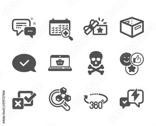 Set of Technology icons, such as Employees messenger, Online shopping, Chemical hazard, Like, Office box, Loyalty gift, Medical calendar, Lightning bolt, Checkbox, Approved message. Vector