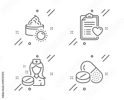 Sun cream, Patient history and Nurse line icons set. Medical drugs sign. Face lotion, Medical survey, Medicine pill. Medicine pills. Healthcare set. Line sun cream outline icon. Vector