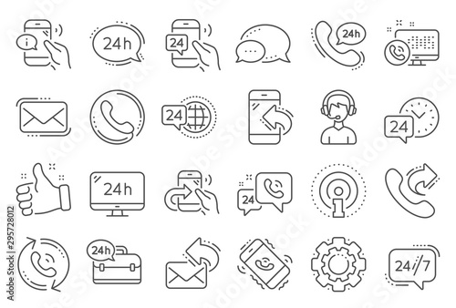 Processing line icons. Set of Callback or feedback, Call support and Chat message icons. 24 hour service, Call centre, 24/7. Telephone callback, support message, feedback phone center. Vector