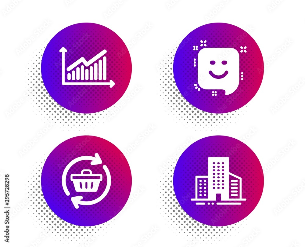 Smile, Graph and Refresh cart icons simple set. Halftone dots button. Buildings sign. Positive feedback, Presentation diagram, Online shopping. City architecture. Business set. Vector Smile, Graph and Refresh cart icons simple set. Halftone dots button. Buildings sign. Positive feedback, Presentation diagram, Online shopping. City architecture. Business set. Vector