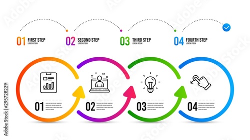 Drag drop sign. Infographics timeline. Idea, Best manager and Report document line icons set. Light bulb, Best developer, Page with charts. Move. Technology set. Idea icon. Timeline diagram. Vector