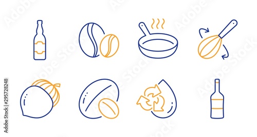 Recycle water, Frying pan and Coffee beans line icons set. Acorn, Soy nut and Beer bottle signs. Cooking whisk, Wine symbols. Refill aqua, Cooking utensil. Food and drink set. Vector