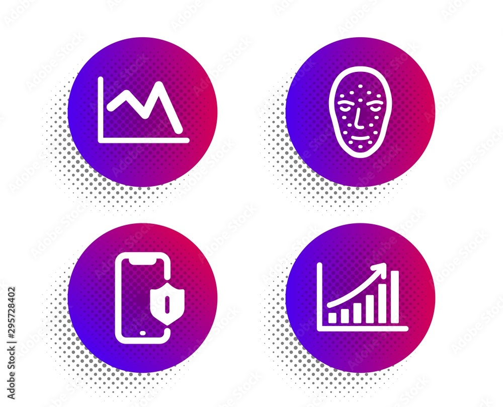 Face biometrics, Smartphone protection and Line chart icons simple set. Halftone dots button. Graph chart sign. Facial recognition, Phone, Financial graph. Growth report. Business set. Vector Face biometrics, Smartphone protection and Line chart icons simple set. Halftone dots button. Graph chart sign. Facial recognition, Phone, Financial graph. Growth report. Business set. Vector