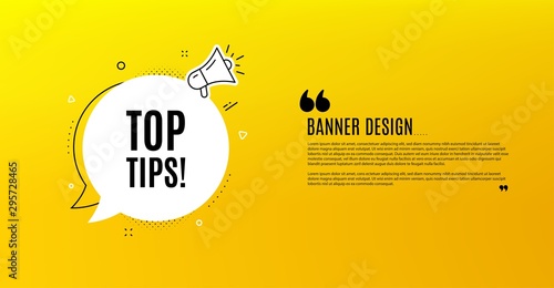 Top tips symbol. Yellow banner with chat bubble. Education faq sign. Best help assistance. Coupon design. Flyer background. Hot offer banner template. Bubble with top tips text. Vector