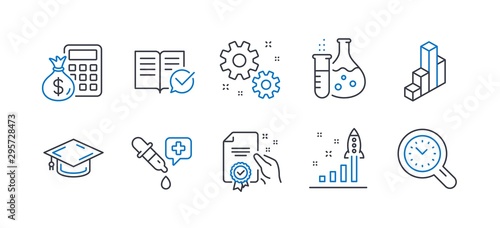Set of Education icons, such as Finance calculator, 3d chart, Certificate, Development plan, Chemistry flask, Chemistry pipette, Graduation cap, Work, Approved documentation line icons. Vector