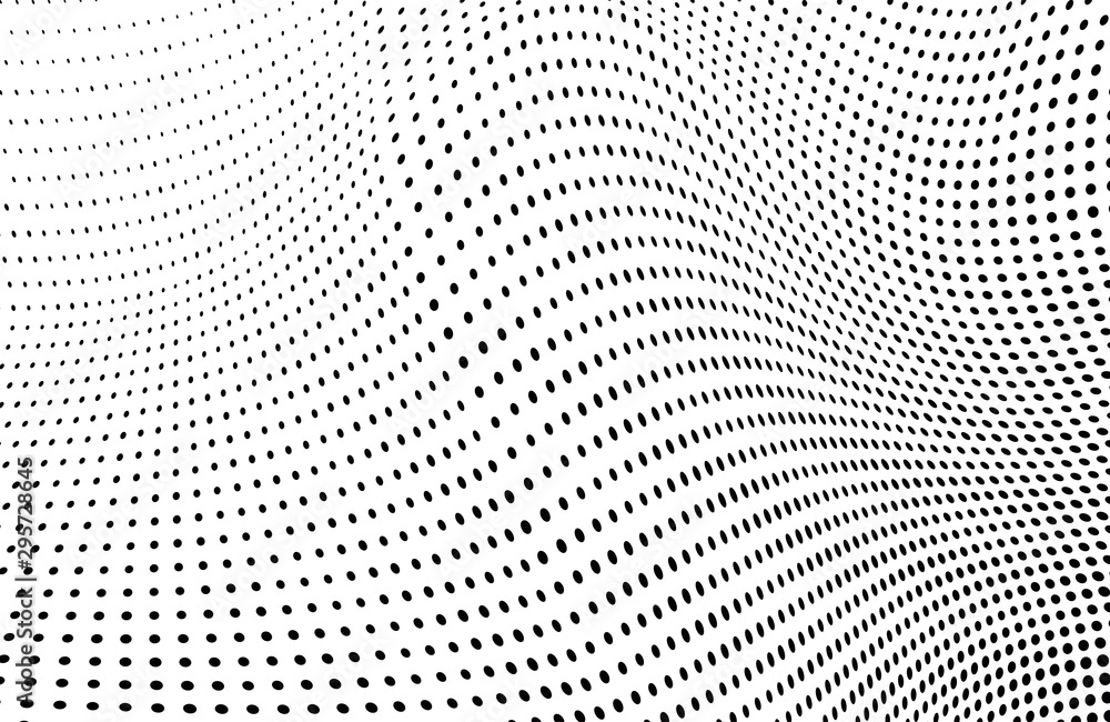 Halfton black and white. Abstract chaotic waves from points. Vector modern optical pop art texture for posters, business cards, cover