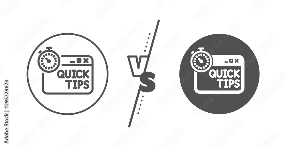 Helpful tricks sign. Versus concept. Quick tips line icon. Tutorials with timer symbol. Line vs classic quick tips icon. Vector Helpful tricks sign. Versus concept. Quick tips line icon. Tutorials with timer symbol. Line vs classic quick tips icon. Vector