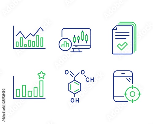 Candlestick chart, Efficacy and Infochart line icons set. Handout, Chemical formula and Seo phone signs. Report analysis, Business chart, Stock exchange. Documents example. Science set. Vector © blankstock