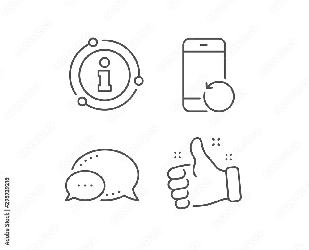 Recovery phone line icon. Chat bubble, info sign elements. Backup data sign. Restore smartphone information symbol. Linear recovery phone outline icon. Information bubble. Vector Recovery phone line icon. Chat bubble, info sign elements. Backup data sign. Restore smartphone information symbol. Linear recovery phone outline icon. Information bubble. Vector