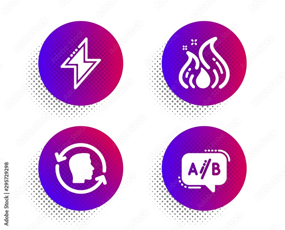 Energy, Fire energy and Face id icons simple set. Halftone dots button. Ab testing sign. Thunderbolt, Flame, Identification system. Test chat. Science set. Classic flat energy icon. Vector Energy, Fire energy and Face id icons simple set. Halftone dots button. Ab testing sign. Thunderbolt, Flame, Identification system. Test chat. Science set. Classic flat energy icon. Vector