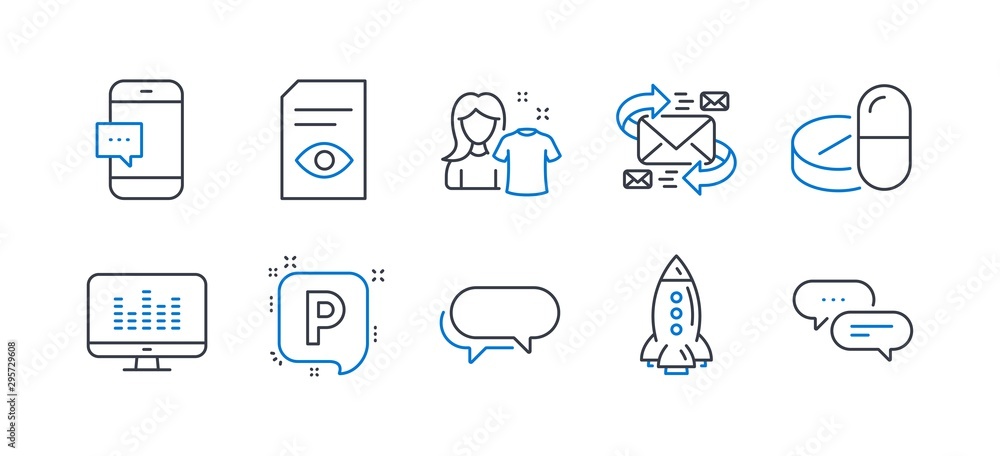 Set of Business icons, such as View document, Smartphone message, E-mail, Parking, Music making, Clean shirt, Medical drugs, Messenger, Rocket, Dots message line icons. Line view document icon. Vector Set of Business icons, such as View document, Smartphone message, E-mail, Parking, Music making, Clean shirt, Medical drugs, Messenger, Rocket, Dots message line icons. Line view document icon. Vector