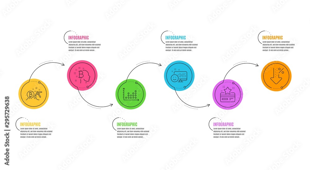 Loyalty card, Bitcoin mining and Low percent signs. Infographics timeline. Bitcoin think, Dot plot and Smile line icons set. Cryptocurrency head, Presentation graph, Positive feedback. Vector Loyalty card, Bitcoin mining and Low percent signs. Infographics timeline. Bitcoin think, Dot plot and Smile line icons set. Cryptocurrency head, Presentation graph, Positive feedback. Vector