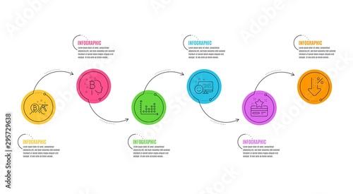 Loyalty card, Bitcoin mining and Low percent signs. Infographics timeline. Bitcoin think, Dot plot and Smile line icons set. Cryptocurrency head, Presentation graph, Positive feedback. Vector