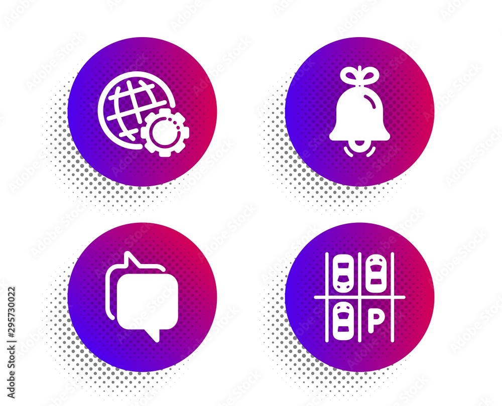 Bell, Messenger and Globe icons simple set. Halftone dots button. Parking place sign. Alarm signal, Speech bubble, Internet settings. Transport. Business set. Classic flat bell icon. Vector