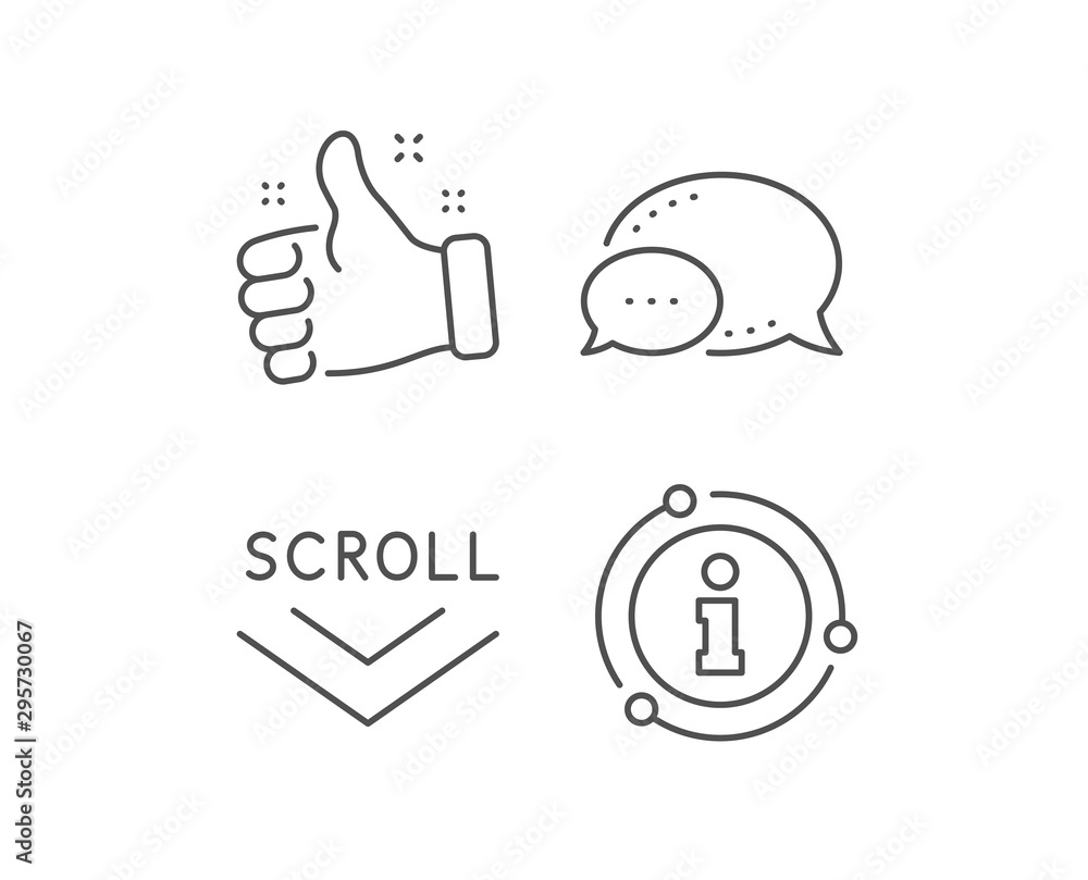 Scroll down arrow line icon. Chat bubble, info sign elements. Scrolling screen sign. Swipe page. Linear scroll down outline icon. Information bubble. Vector Scroll down arrow line icon. Chat bubble, info sign elements. Scrolling screen sign. Swipe page. Linear scroll down outline icon. Information bubble. Vector
