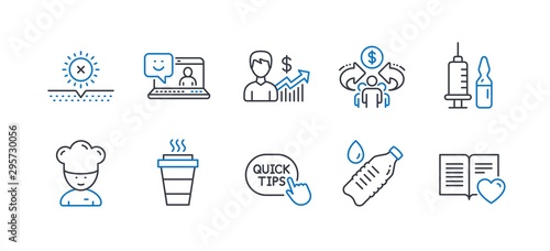 Set of Business icons, such as Takeaway, Smile, Medical vaccination, Water bottle, Cooking chef, No sun, Sharing economy, Quick tips, Business growth, Love book line icons. Line takeaway icon. Vector