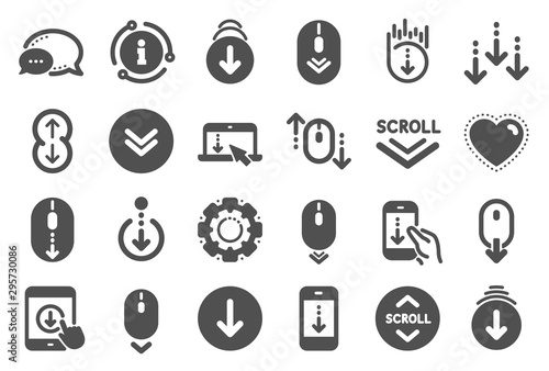 Scroll down icons. Scrolling mouse, landing page swipe signs. Mobile device technology icons. Website scroll navigation. Tablet pc or smartphone swipe symbols. Phone scrolling. Quality set. Vector
