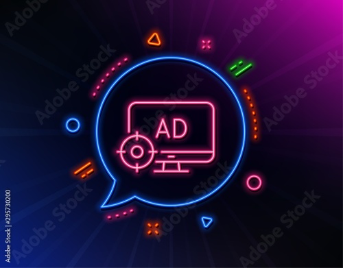 Seo adblock line icon. Neon laser lights. Search engine optimization sign. Target symbol. Glow laser speech bubble. Neon lights chat bubble. Banner badge with seo adblock icon. Vector