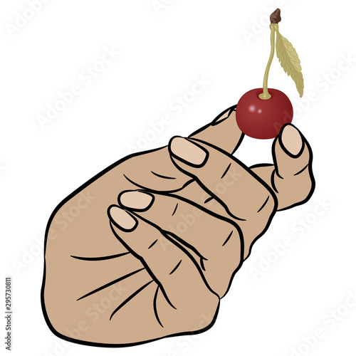 Isolated vector illustration. Human female hand holding a sweet cherry berry.