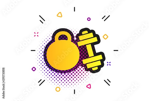 Dumbbell with kettlebell sign icon. Halftone dots pattern. Fitness sport symbol. Gym workout equipment. Classic flat sport icon. Vector