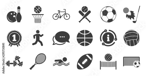 Set of Sport and Fitness icons. Information, chat bubble icon. Football, tennis and volleyball signs. Swimming pool, Biking and Bowling symbols. Award, Golf and Baseball. Quality set. Vector