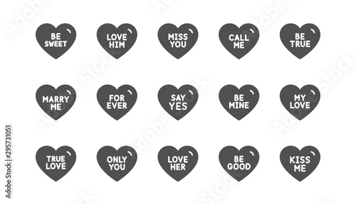 Sweet heart icons. Sweetheart for valentines day, love heart, romantic message. Marry me, kiss me, one love icons. Valentine flirt, dating message. Classic set. Quality set. Vector