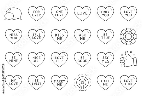 Sweet heart line icons. Sweetheart for valentines day, love heart, romantic message. Marry me, call me, one love icons. Valentine flirt, nice girl, be mine dating message. Line signs set. Vector