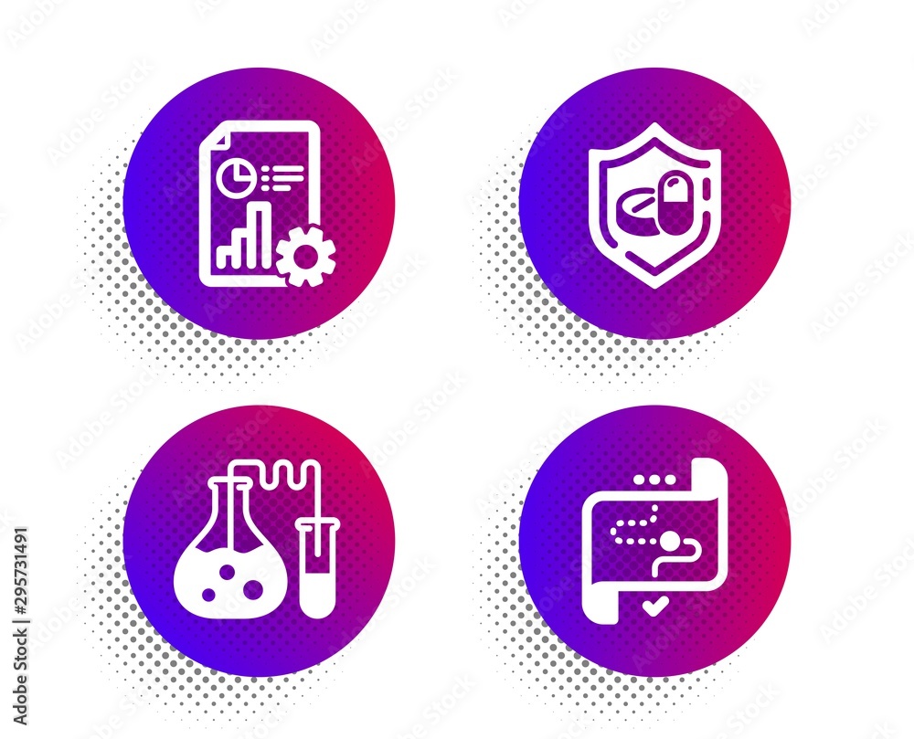 Medical tablet, Report and Chemistry lab icons simple set. Halftone dots button. Target path sign. Medicine pill, Presentation document, Laboratory. Business aim. Business set. Vector Medical tablet, Report and Chemistry lab icons simple set. Halftone dots button. Target path sign. Medicine pill, Presentation document, Laboratory. Business aim. Business set. Vector
