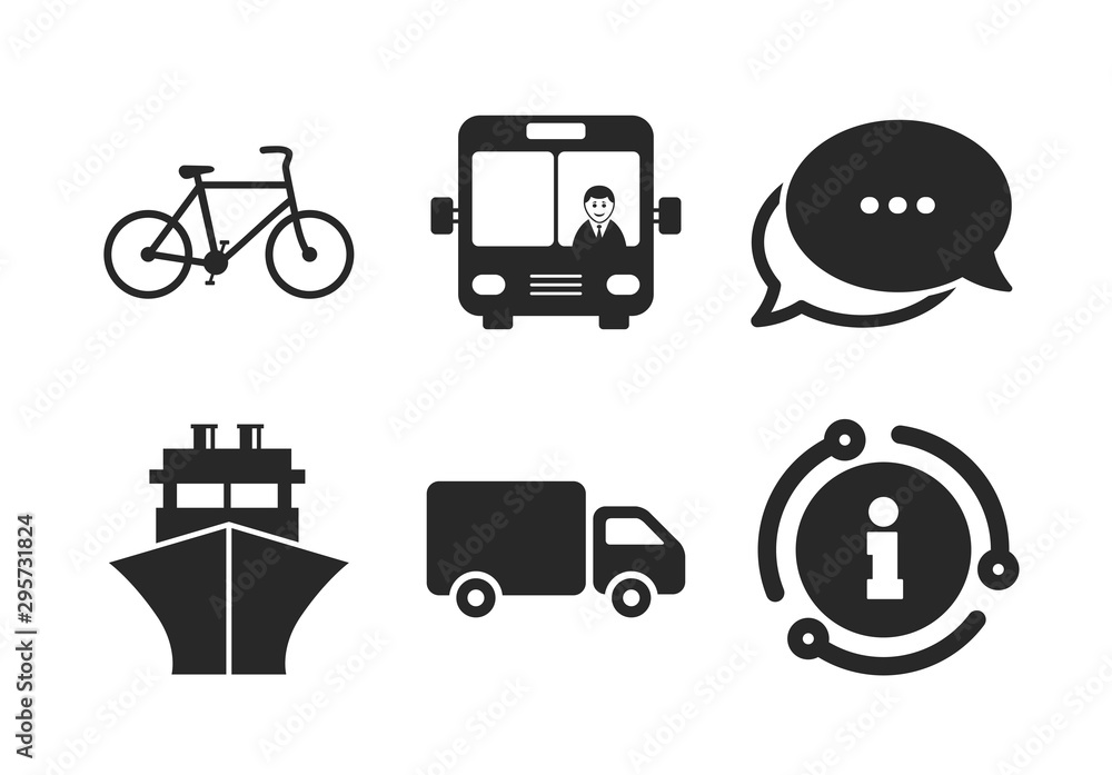 Truck, Bicycle, Public bus with driver and Ship signs. Chat, info sign. Transport icons. Shipping delivery symbol. Family vehicle sign. Classic style speech bubble icon. Vector Truck, Bicycle, Public bus with driver and Ship signs. Chat, info sign. Transport icons. Shipping delivery symbol. Family vehicle sign. Classic style speech bubble icon. Vector