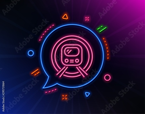 Metro subway transport line icon. Neon laser lights. Public underground transportation sign. Glow laser speech bubble. Neon lights chat bubble. Banner badge with metro subway icon. Vector
